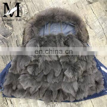 2017 Fashionable Women Winter Real Fox Fur Lined Denim Parka Real Fur Jacket Raccoon photo-2