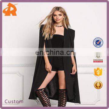 2017 New Design Hot Sale Woman's Black Longlined Slit Cape Blazer