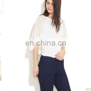 2015 White Top With Smocking And Tie-up women blue floral print tie-up top