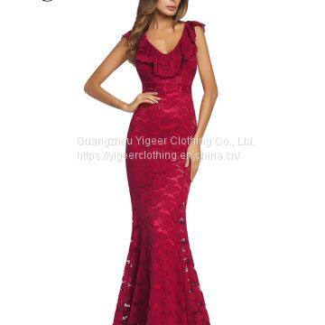 Ruffled V-neck High Waist Sheath Lace Mermaid Dress