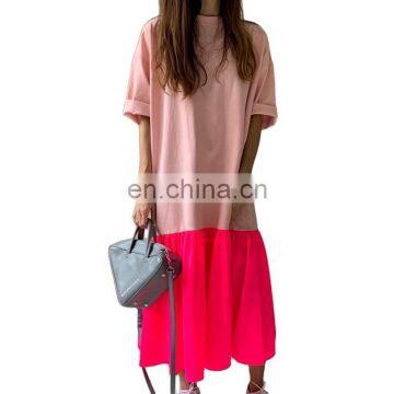 TWOTWINSTYLE Patchwork Long Dress Women O Neck Short Sleeve Free Size Casual Ruched Midi