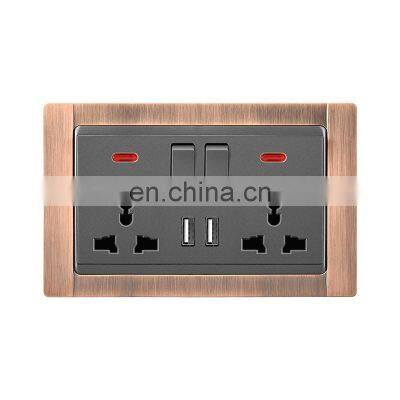 Universal Double 3 pin Wall Socket With Switch Zinc Alloy Panel With USB Socket And Switches Electrical With LED Light