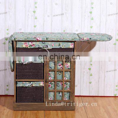 antique antiqued wood cabinet with Ironing board wicker woven storage basket drawers