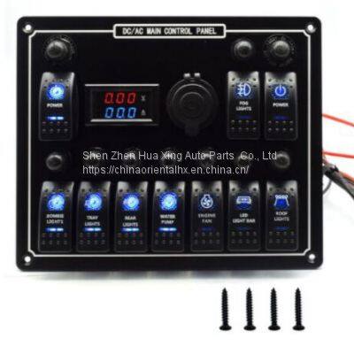 12/24V 10 Gang Rocker Switch Panel Auto Switch Panel With Volt and Current Dual Display Voltmeter and Cigarette Lighters Socket