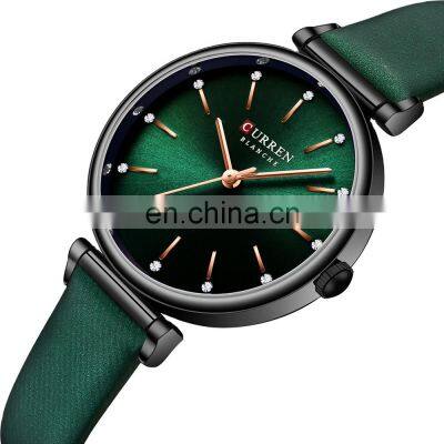 2021 CURREN 9081 brand fashion rhinestone dial leather bracelet ladies watch retro quartz small green charming watch