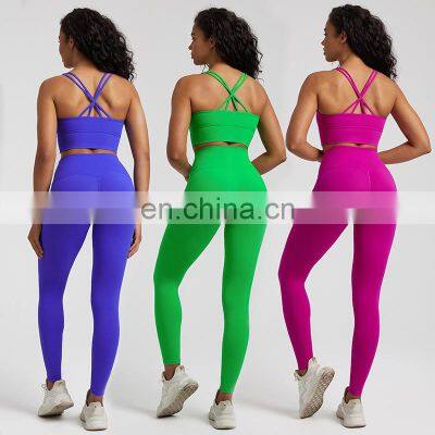 Wholesale Women Sexy Thin Strap Cross Back Long Line Sport Bra High Waist V Back Leggings 2Pcs Yoga Workout Gym Fitness Suit Set