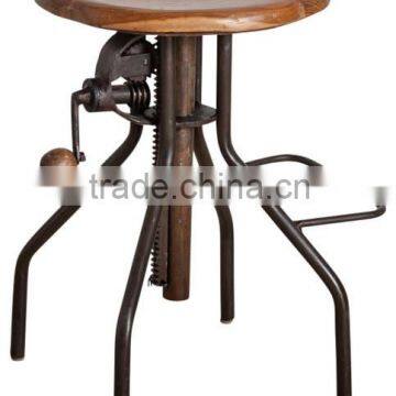 Vintage Industrial Crank Bar Stool, Wooden Seat