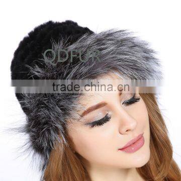 QD82002 Ladies Winter Beanie Knitted Mink Fur Hat with Silver Fox Fur Trim