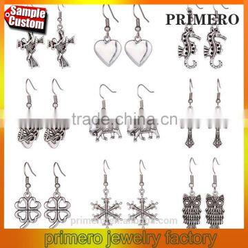 Vintage Silver Animal Dragonfly Elephant Skull Cross Heart Clover Multi-Style Earring