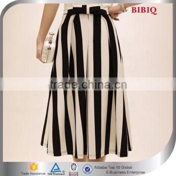 2015 Glamorous Black and White Stripes Sash Mid-calf Length Skirt