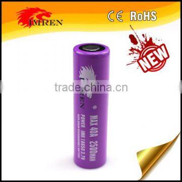 China manufaturer IMREN IMR18650 2500mAh 40a 3.7v battery 18650 battery 40A E-cig battery