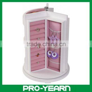 Wooden Cylindric Cosmetic Jewellery Makeup Box with Mirror and Flannelette in 3 Sections and Turnplate and Shelf Racks and Hooks