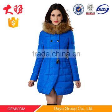 Women big fur hood down parka with raccoon fur lining blue color urban down coat