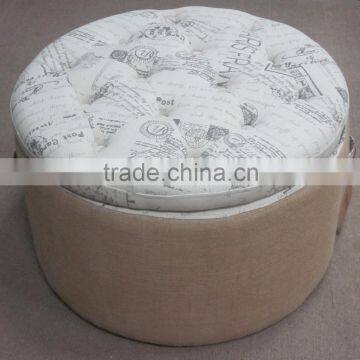 French style living room furniture linen printing fabric can store round ottoman