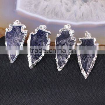 Arrowhead Pendant, Silver / Gold Plated Edged Blue Sand Gem Stone Druzy Pendant, For Jewelry Making