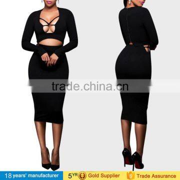 2017 Sexy Women Long Sleeve Bodycon Two Piece Dress Club Wear Prom Crop Top Blouse and Long Skirt photo-2