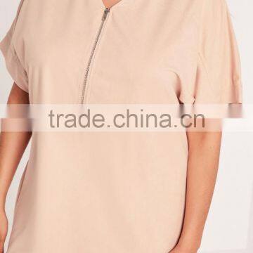 Plus Size Faux Suede Zip Up Shift Dress Nude Short Sleeve Sexy Elegance Split Curved Hem Dress photo-5