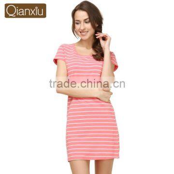 Qianxiu Summer Short Cotton Striped Nightgown