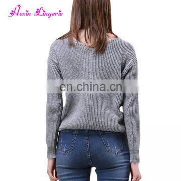 New Arrival Sexy Gray v Neck Ladies Fancy off Shoulder Custom Knitted Cashmere Sweater photo-3