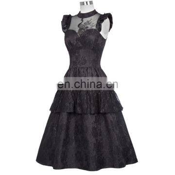Belle Poque Retro Vintage Cap Sleeve High-Neck Sheer Bodice Black Lace Swing Dress BP000380-1 photo-4