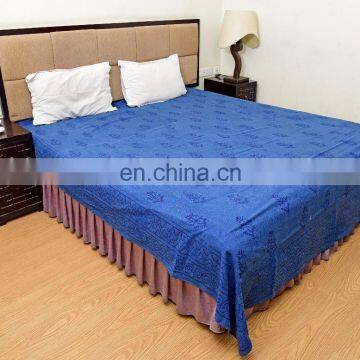 Indian Handmade Beautiful Cotton Indigo Blue Queen Bed Sheet Hand Block Printed Bed Cover Indian Bedspread Set