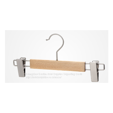 Wooden Skirt Hangers With Adjustable Clips (10 Pack) Pant Hangers With 2-Adjustable Anti-Rust Clips Natural Finish