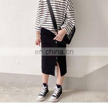 2020 autumn and winter children's clothing full cotton pit strip front slit girls black skirt parent-child wear