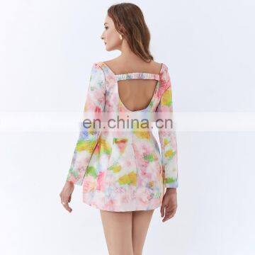 TWOTWINSTYLE Dress For Women Square Collar Long Sleeve Backless Print Hit Color Hollow Out Mini photo-7