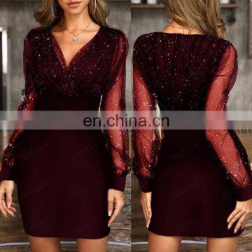 LAITE D2167 Amazon Hot Sales Fashion Christmas Women V-neck Bodycon Sequins Dresses Sexy Club Party Dresses photo-2