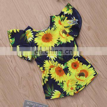 2019 1-5years Summer Fly Sleeved Sunflower Print Bodysuit Baby Girls Rompers Kids Floral Clothing Set photo-4