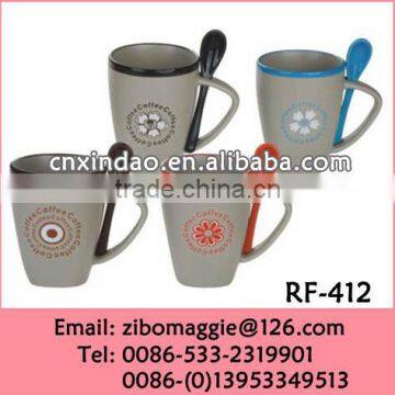 Zibo Made Glazed Belly Shape Custom Print Ceramic Spoon Coffee Mug Set for Daily Use