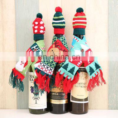 2pcs/set Scarf&Hat Knitted Red Wine Bottle Decoration Novelty Scarf Bear Tassel Santa Claus Hat For Home Christmas Decorations