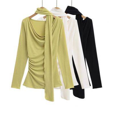 Pure Desire Style Loose Collar Hanging Neck Streamer Long-sleeved T-shirt Spring Design Pleated Slim Body Hot Girl Bottom Shirt Women photo-5