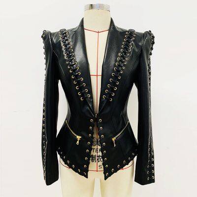 2025 new European and American star fashion heavy industry chicken eye tie rope slim fit leather jacket