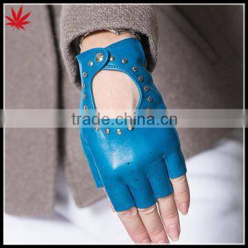 Navy studded fingerless driving leather gloves women