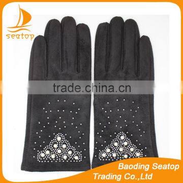 ladies cheap thin black fake suede hand gloves with pearl