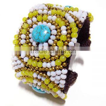 0002 THAILAND Handcraft JEWELRY set Artisan Brass Woven Statement BANGLE Fashion Bracelet Agate Stone Pearl Shell BEADED