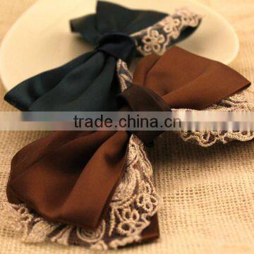 Large Three Layered Satin Ribbon Bow Clip,Gold Lace Bow Flower photo-3