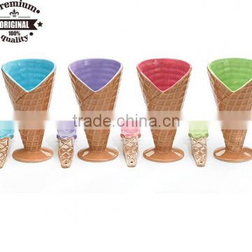 Set Of 4 Large Ice Cream Cone Dishes Bowls With Spoon Great For Party