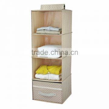 Collapsible Hanging Wardrobe Storage Shelves, Shoe Rack, 4-tier with Drawer, Apricot Dot