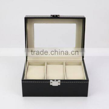 3 Slots Popular Black Pu Leather Mens Watch Case Wristwatch Box Packaging Watch Box