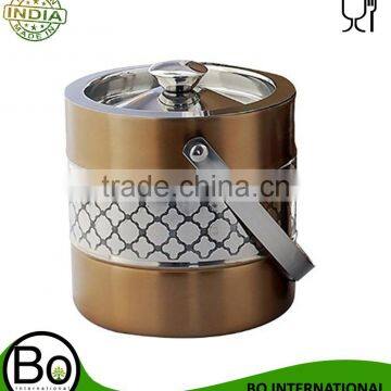 Stainless-Steel Double-Walled Ice Bucket With Etched Design And Gold Lacquer Finish