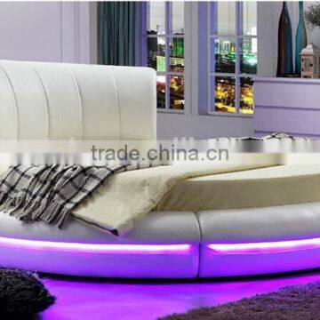 Bisini White Leather LED Round Bed, Luxury LED Round Bed