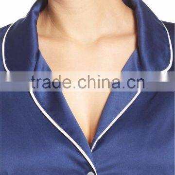 Hot Sale Women Long Pajamas Set Long Sleeve Button Top With Long Pants White Piping Pyjama Set Navy Blue photo-5