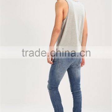 MGOO Scoop Neck Raw Cut Hems Mens Singlet Vests White Striped Sleeveless Drop Armhole Tank Top photo-2
