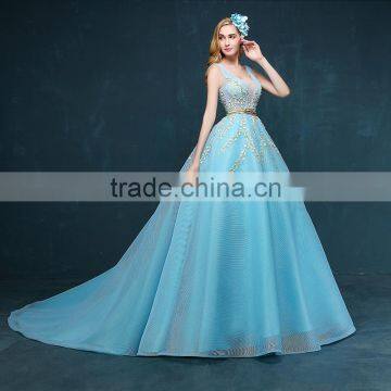 MGOO New Coming Popular Pageant Dress For Women Sky Blue Sheer V Neck Embroidery Floral Dress Evening Long 2260 photo-4