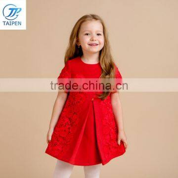 Girls Red Color Party Dress Kids Short Sleeve Woolen Frock With Boutique Lace Designs For Girl