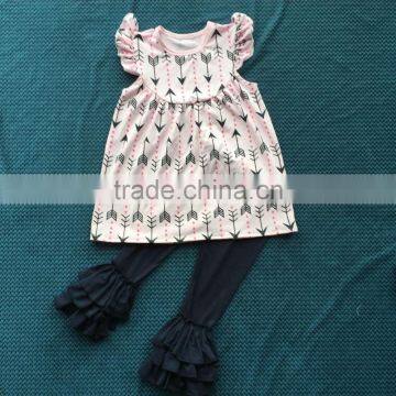 QL-372 light pink ruffle dress navy arrow design and ruffle pants baby clothing set 2016