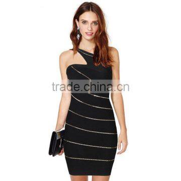 New Designer One Piece Sexy Flash Stripes Black One-shoulder Party Dress