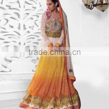 Orange yellow white color on embroidery heavy design at neck and border long Anarkali Designer Semi Stitch Salwar Kameez